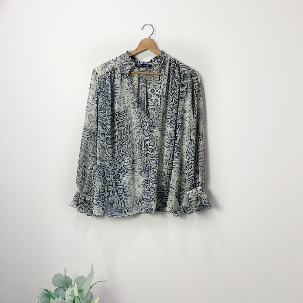 [Zara] Women's Tan & Black Animal Snakeprint Long Sleeve Sheer Pullover Top
